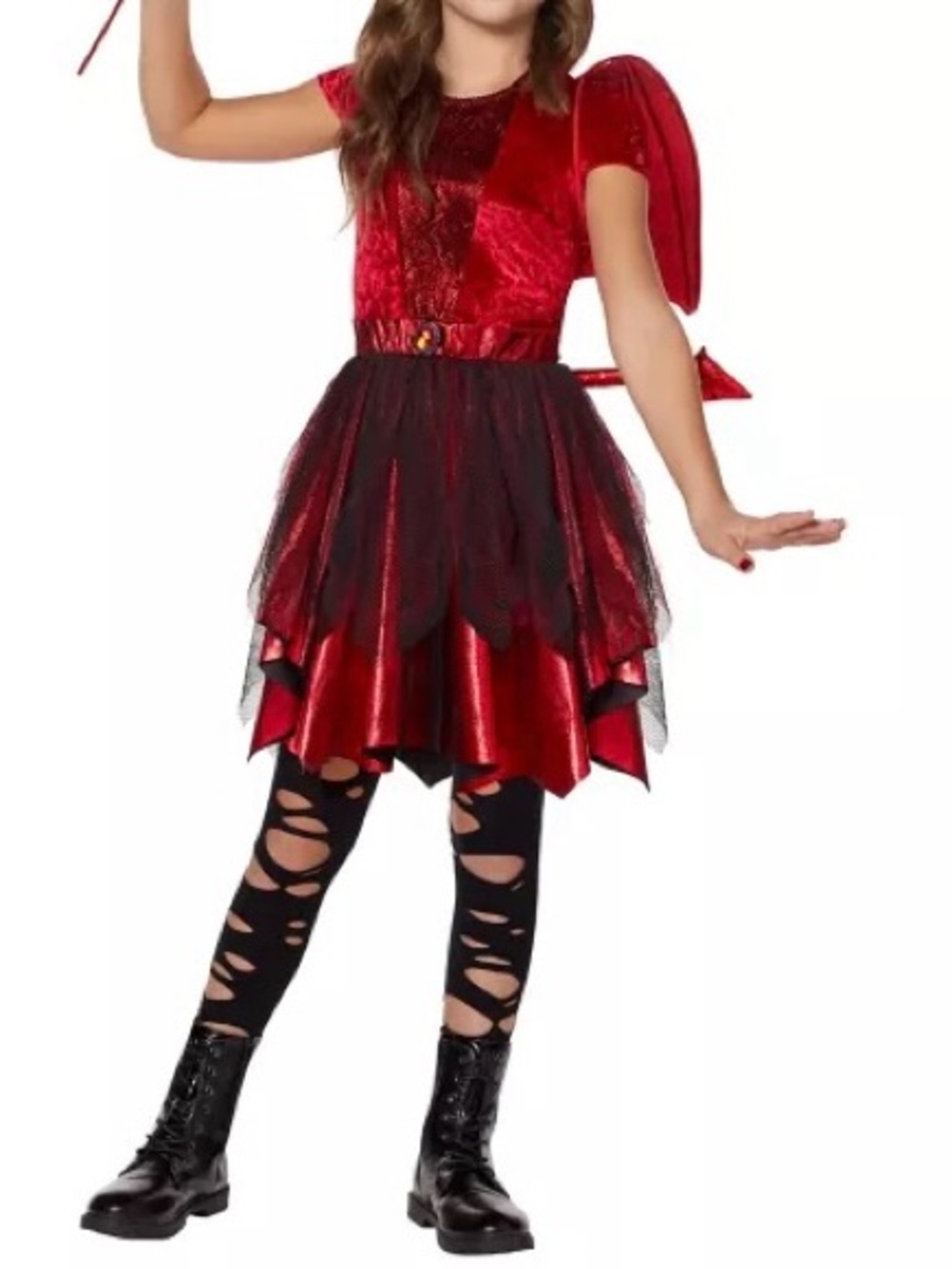 Red Devil Girl Costume Halloween Dress with Wings and Tights Kids Size M (7-8)